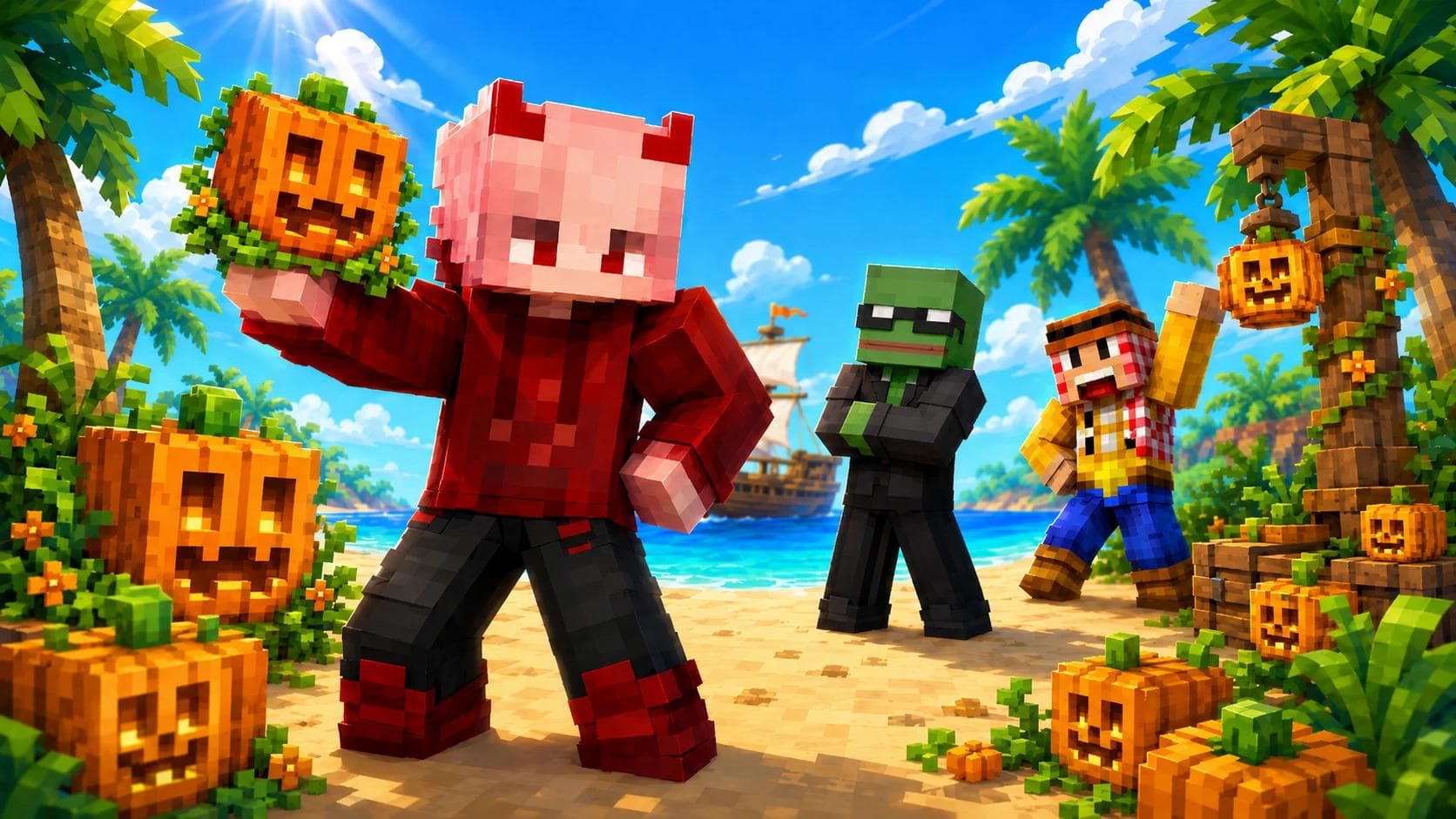 Kazu et ses compagnons sur une île Minecraft bordée de citrouilles